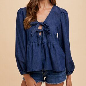 Annie Wear Tie Front Peplum Long Sleeve Denim Top